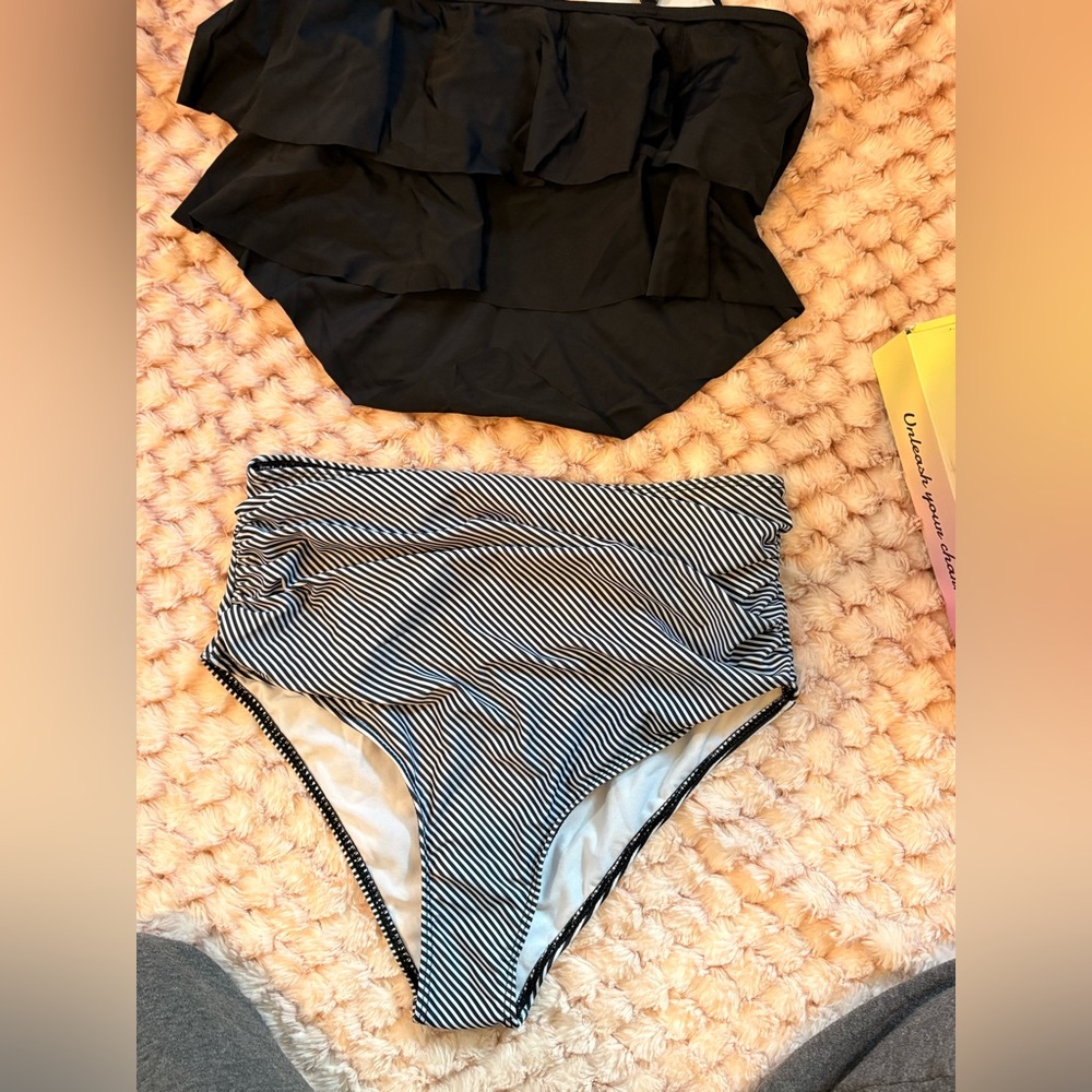 High-Waist Black & White Striped Bikini Bottoms